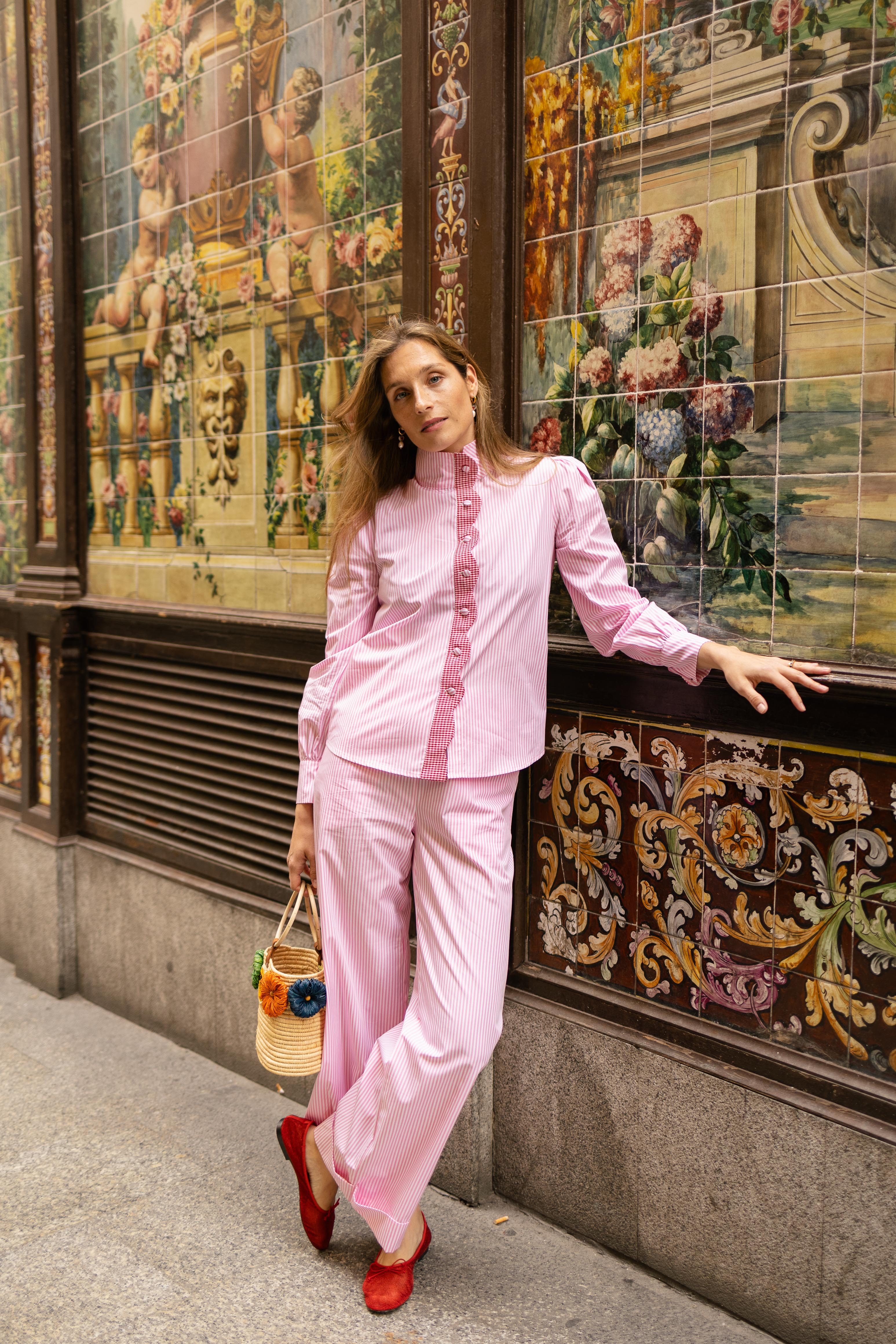 Soufflé turned up pants - pink stripes