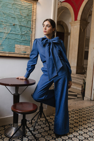 Gingham Palace Soufflé turned up pants blue jeans