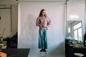 Olive flared pants - light blue jeans