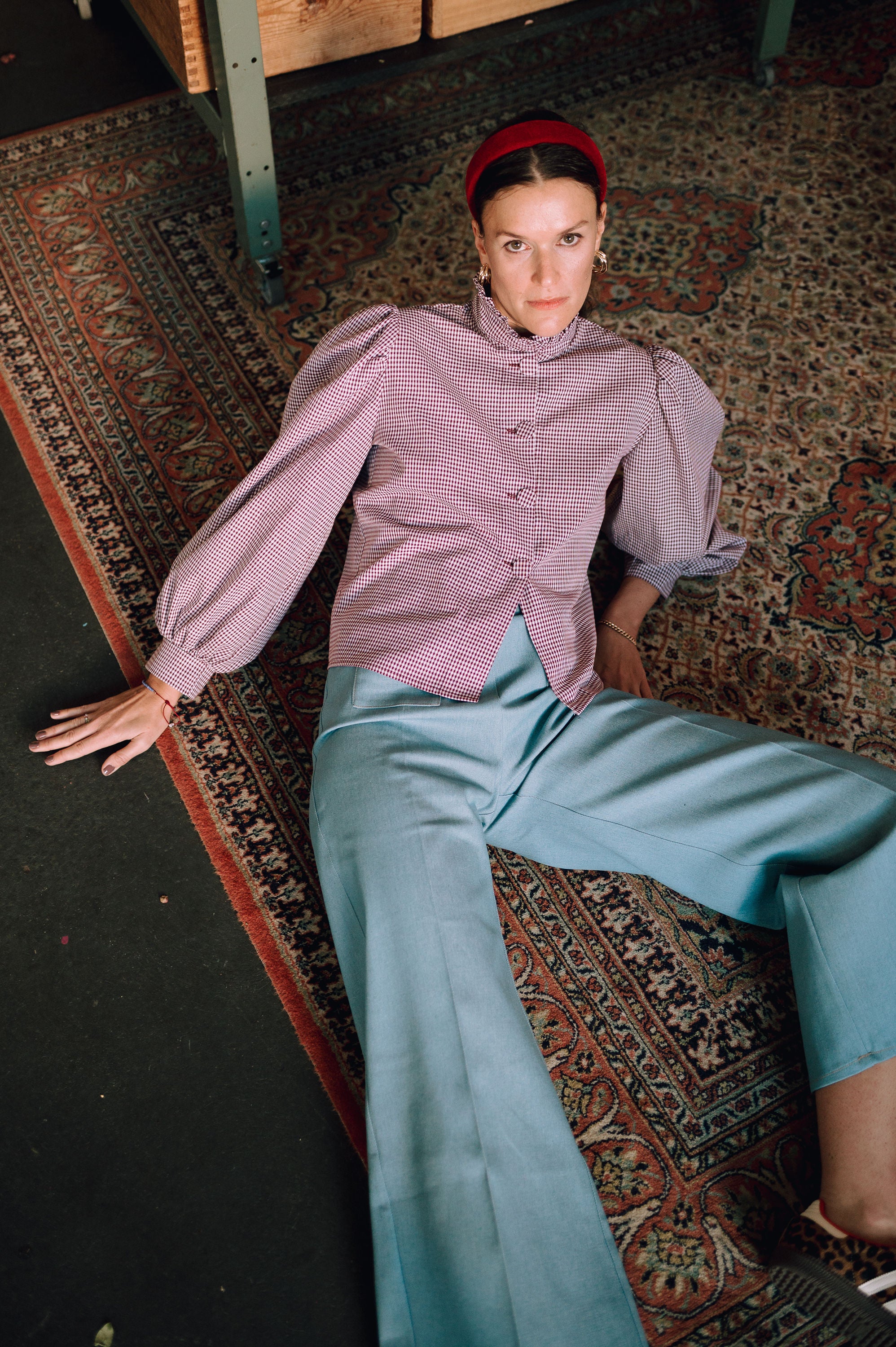 Olive flared pants - light blue jeans