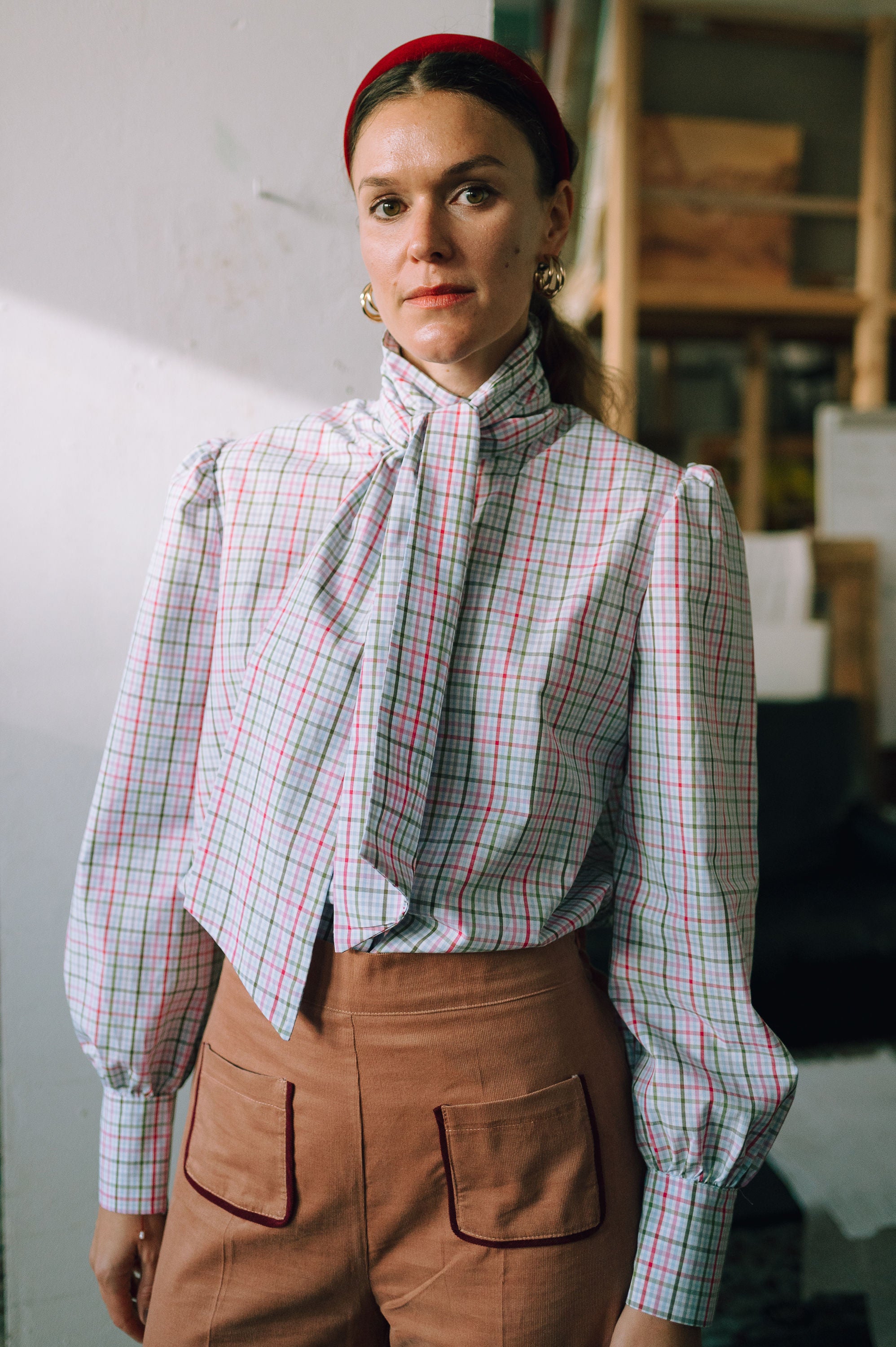 Isla shirt with pussybow - berry checks