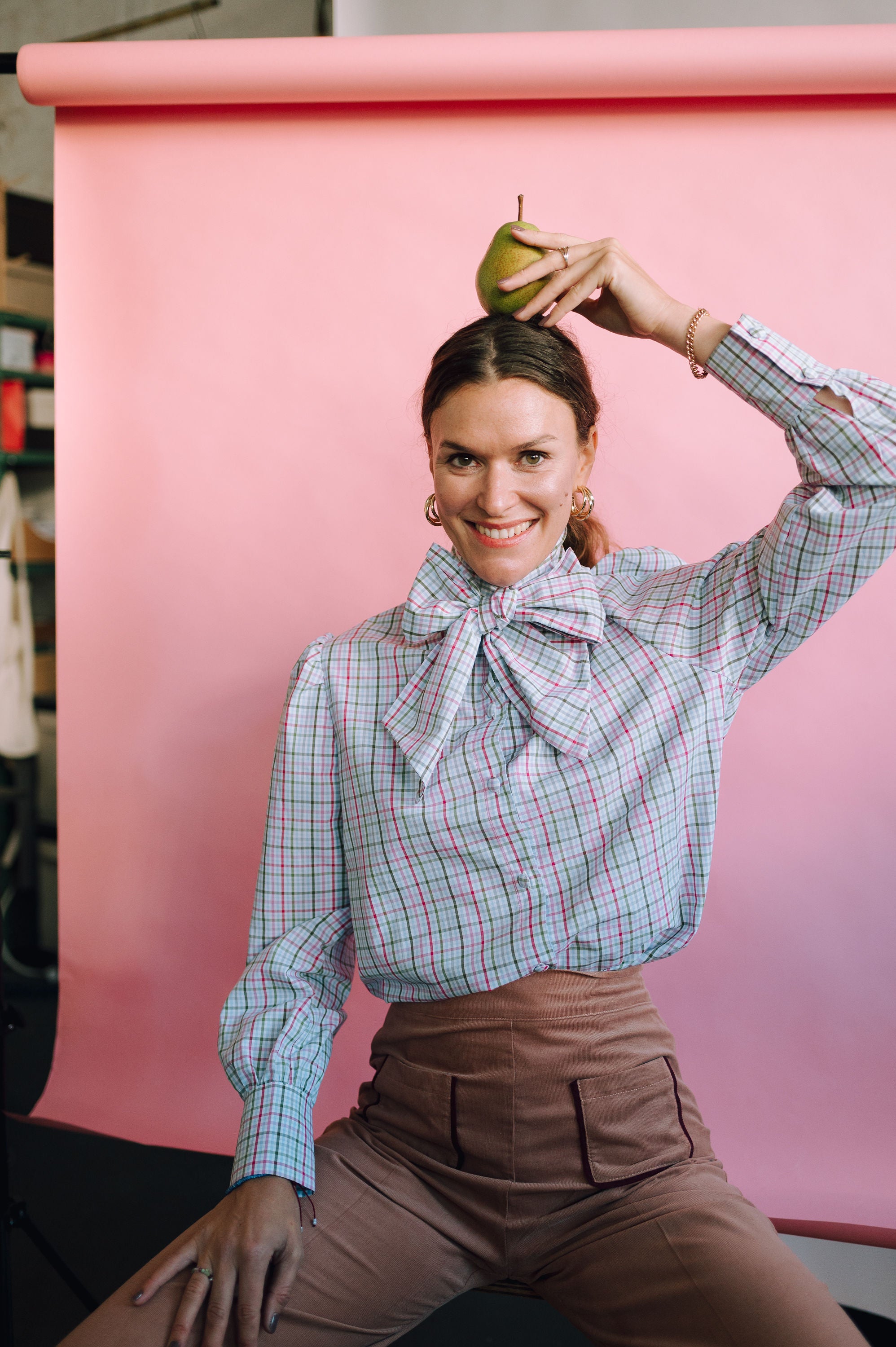 Isla shirt with pussybow - berry checks