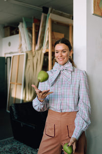 Isla shirt with pussybow - berry checks
