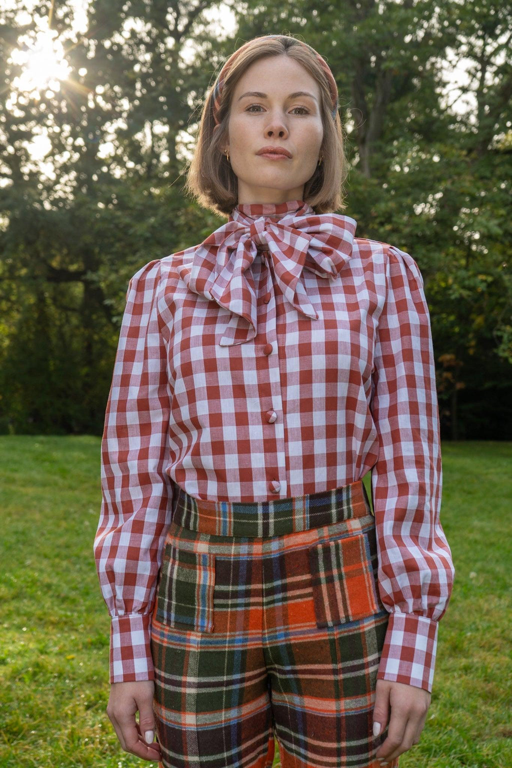 Isla shirt with pussybow - cinnamon gingham - Gingham Palace