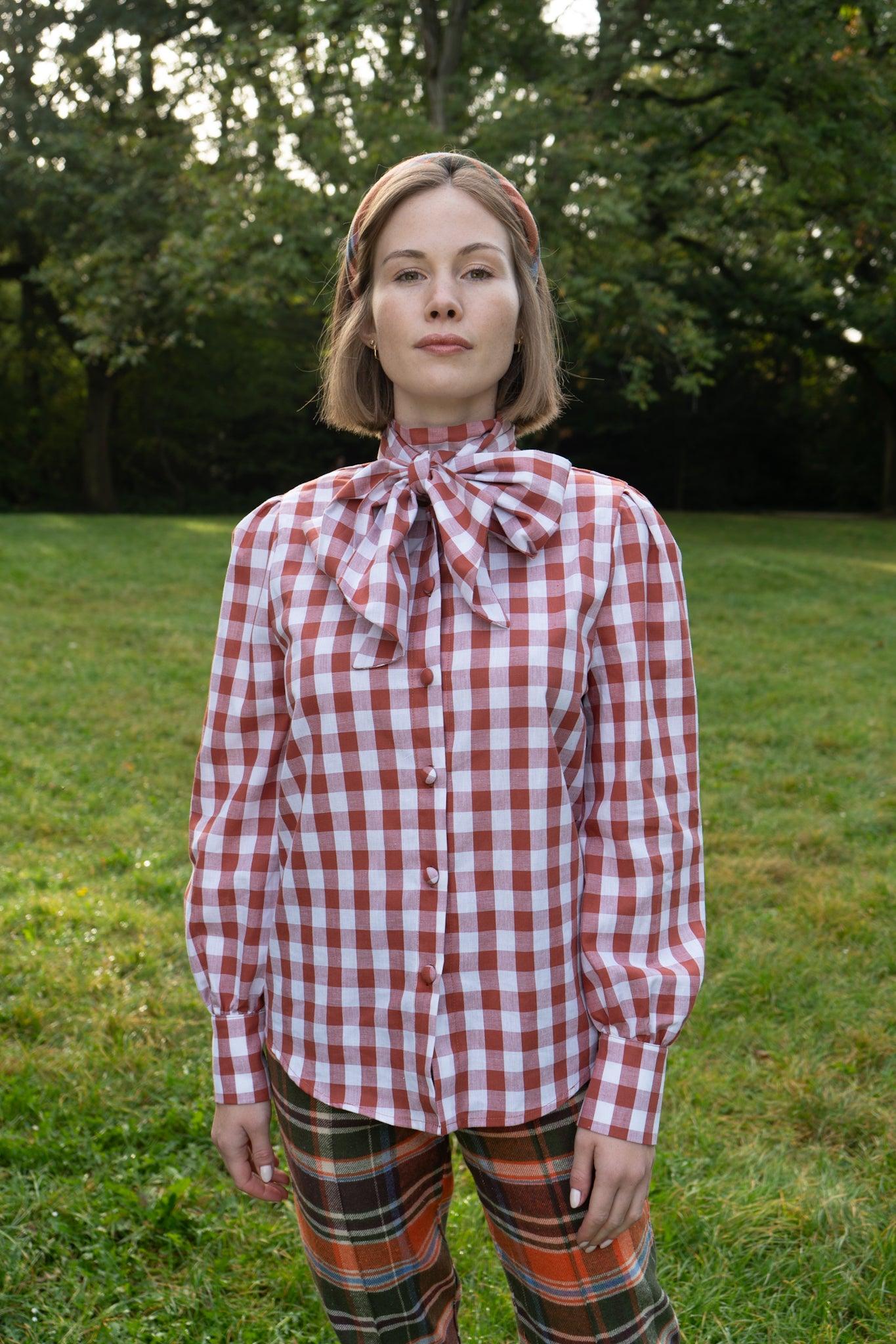 Isla shirt with pussybow - cinnamon gingham - Gingham Palace