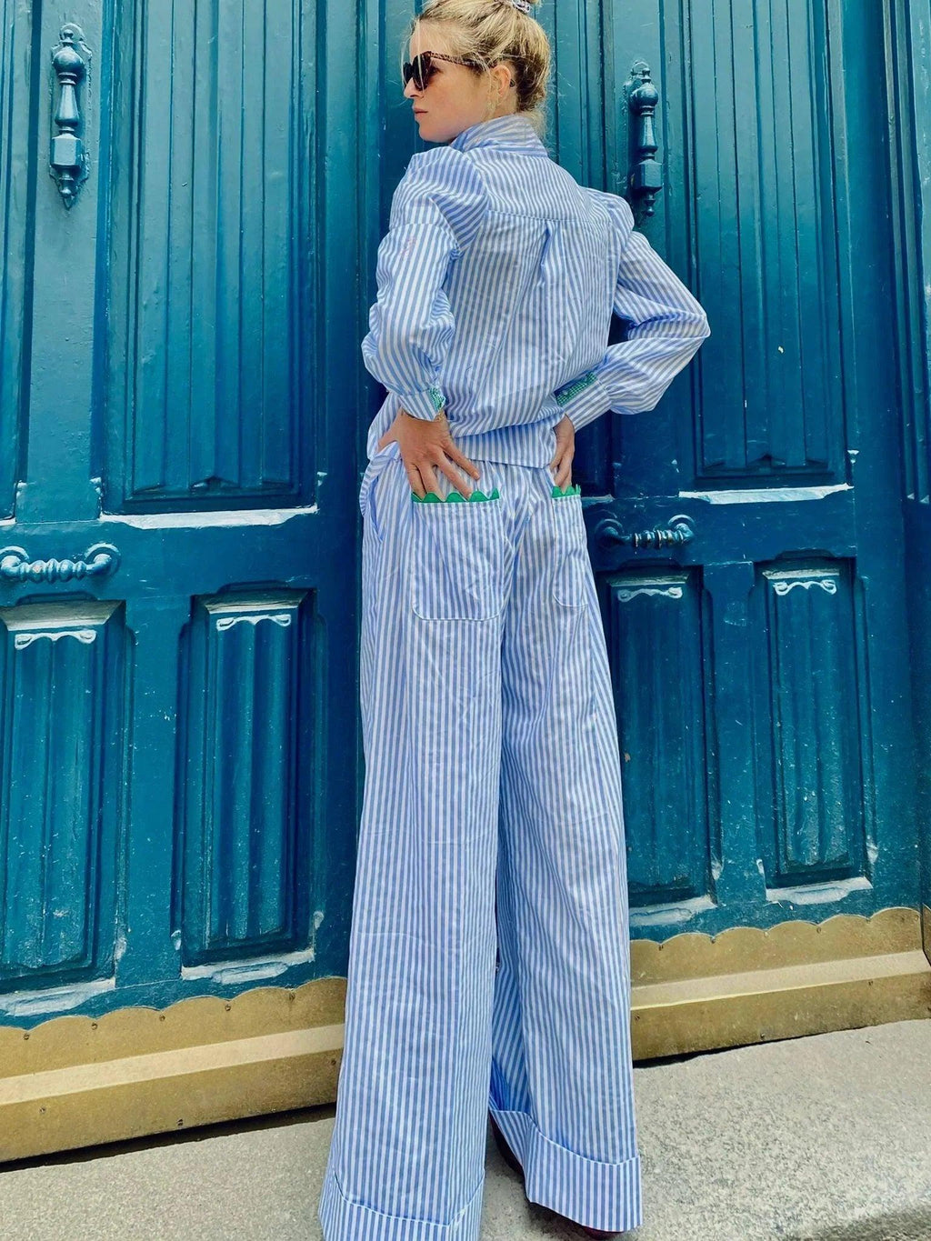 Soufflé turned up pants - blue stripes - Gingham Palace