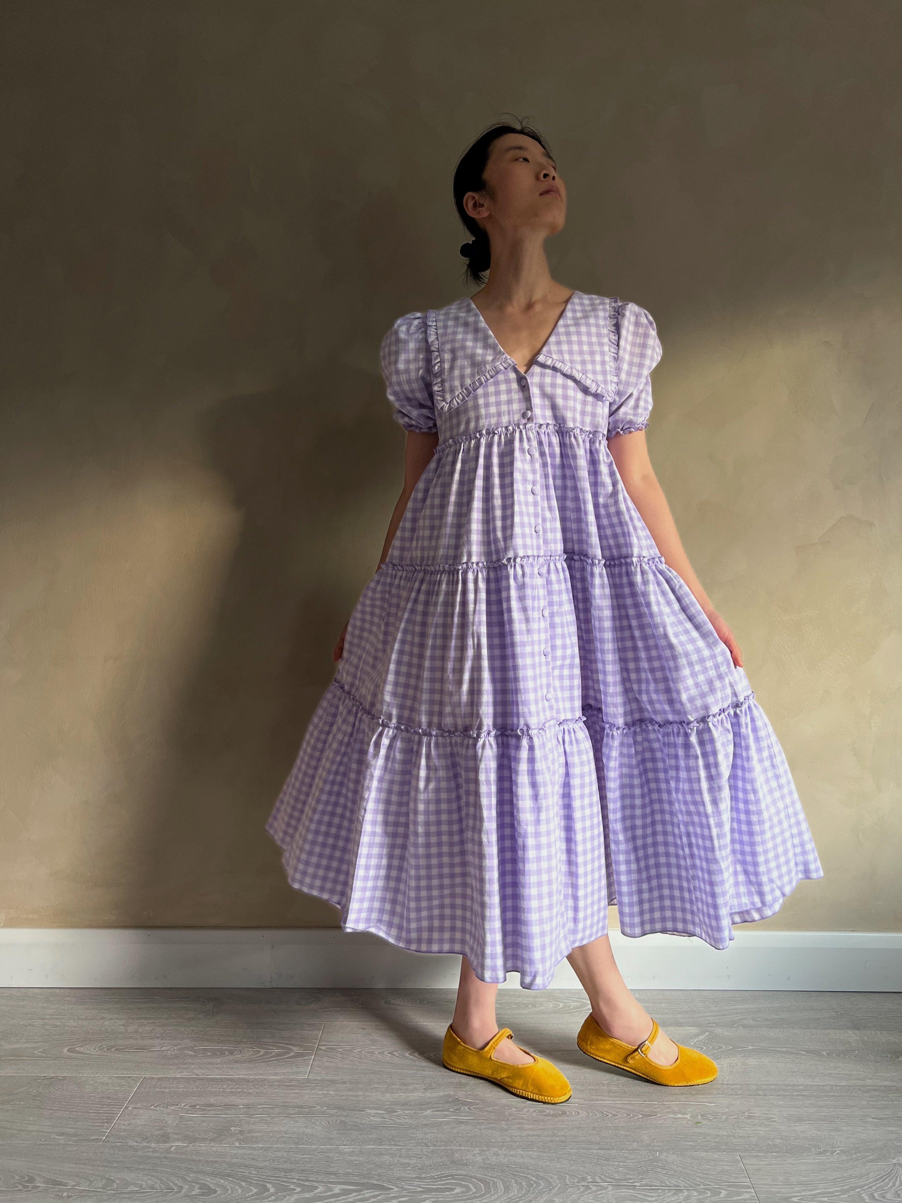 Trifle buttoned down midi dress - lilac gingham - Gingham Palace