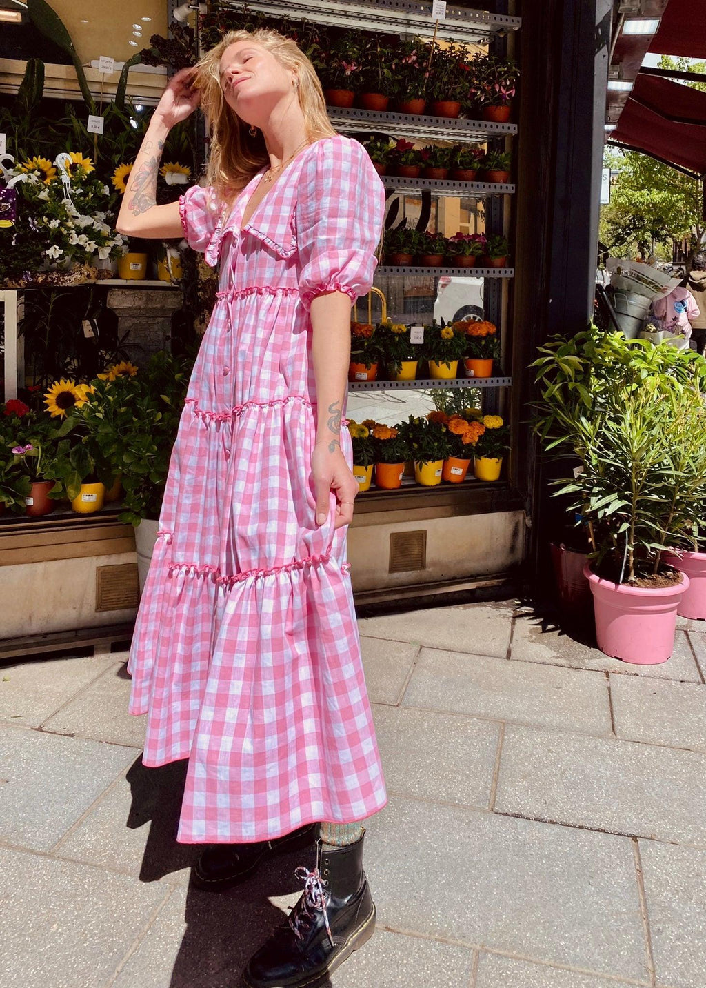 Trifle buttoned down midi dress - pink macro gingham - Gingham Palace